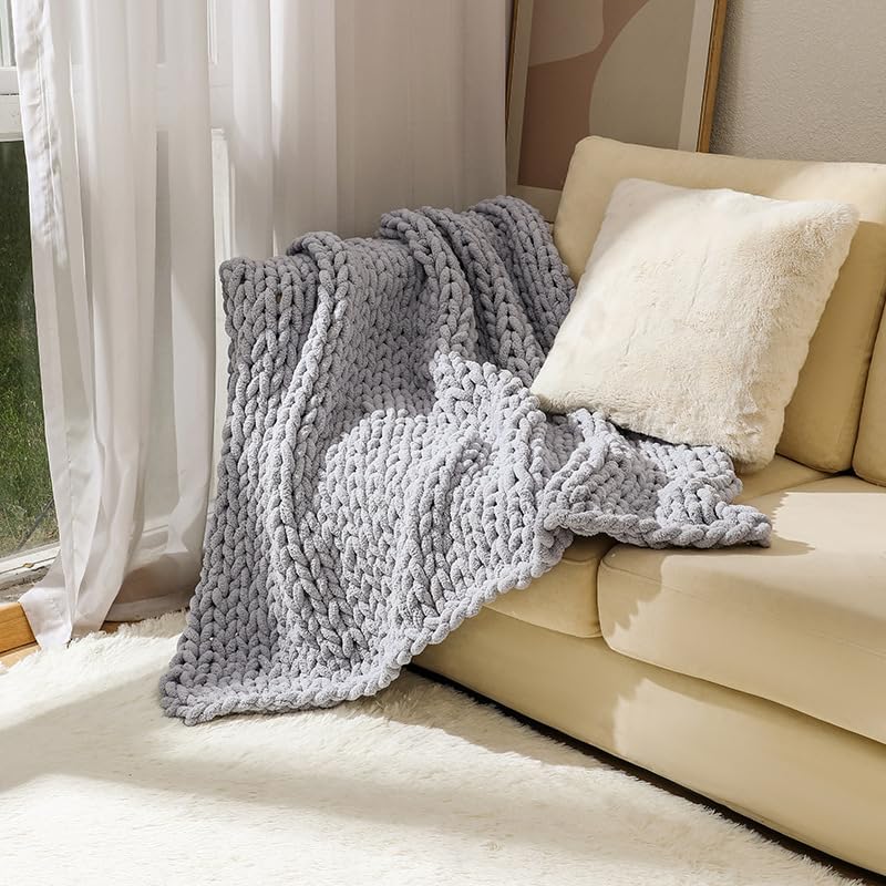Gray Jumbo Chenille Chunky Knit Throw Blanket 40x40