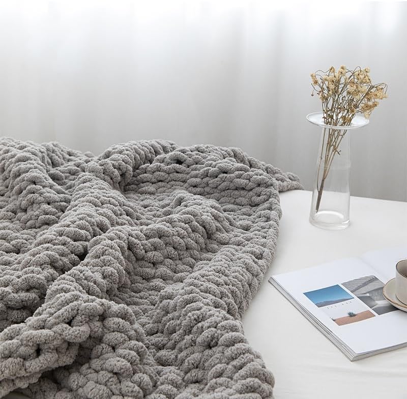 Gray Jumbo Chenille Chunky Knit Throw Blanket 40x40