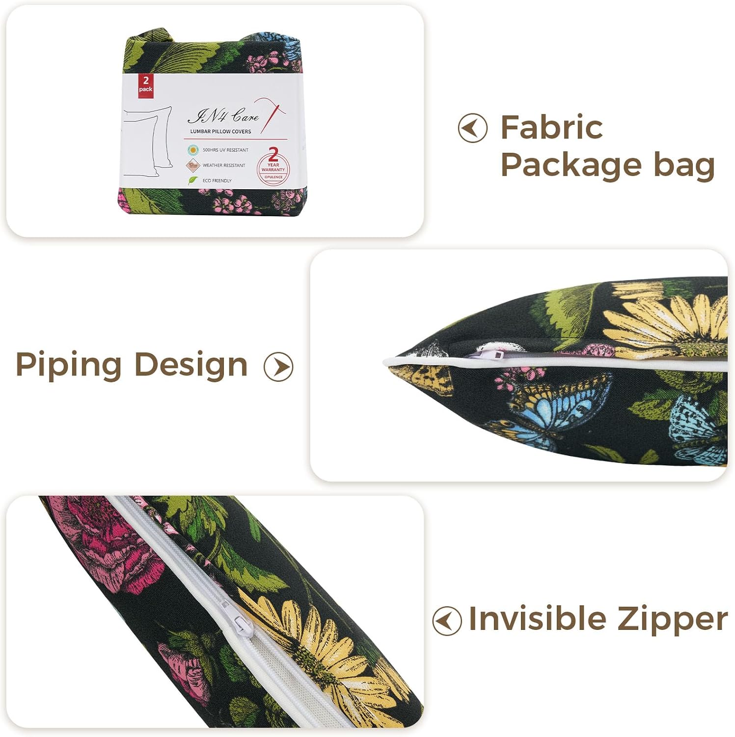 Black Butterfly Floral 2-Pack Waterproof Lumbar Pillow Covers 12x20