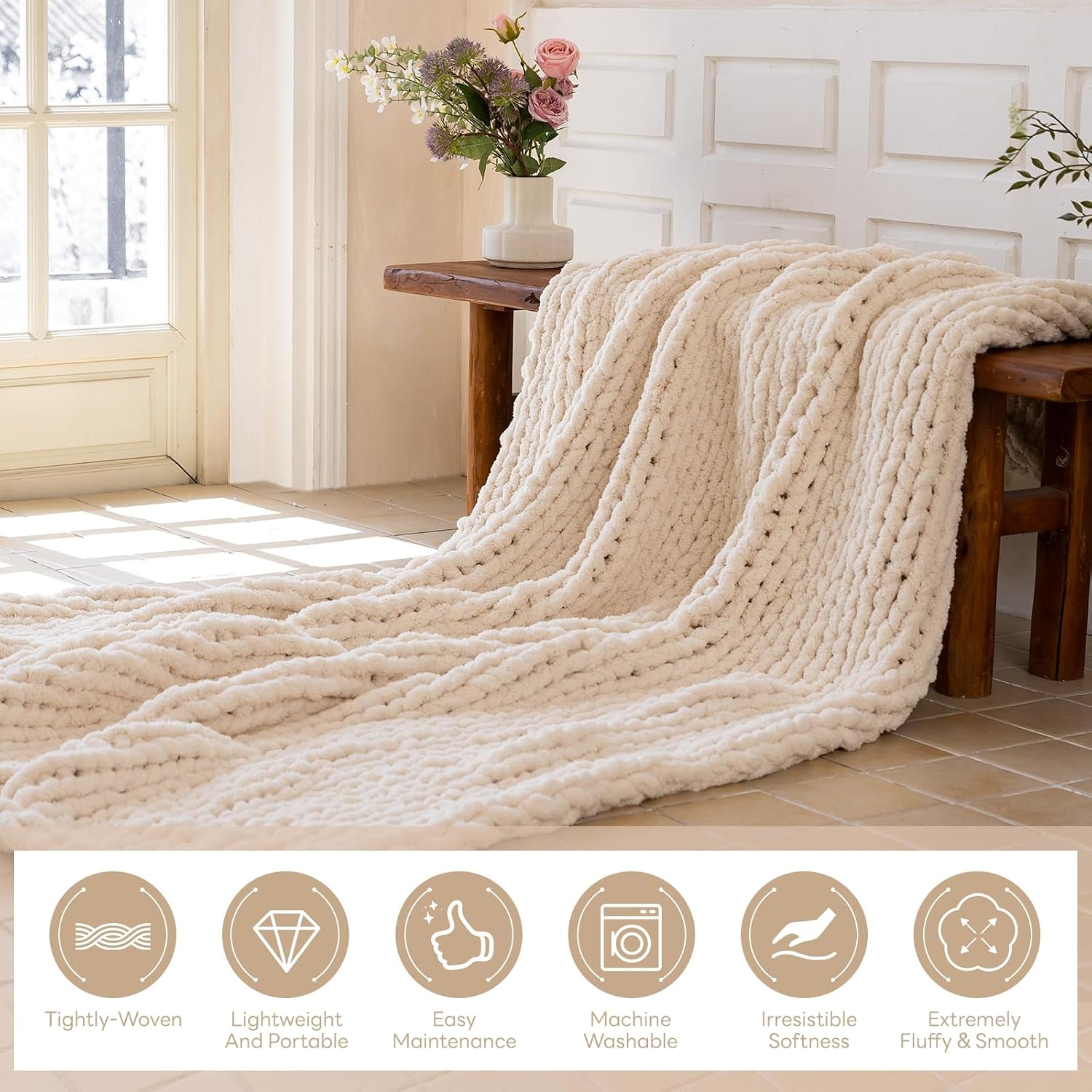 Cream Handmade Chunky Chenille Knit Throw Blanket 60x80