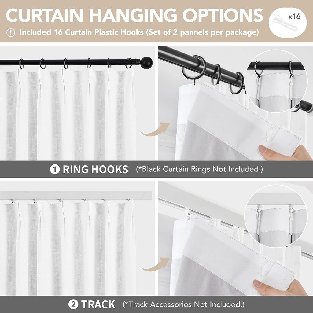 White Pinch Pleated Faux Linen Thermal Curtains 40x90 Set of 2