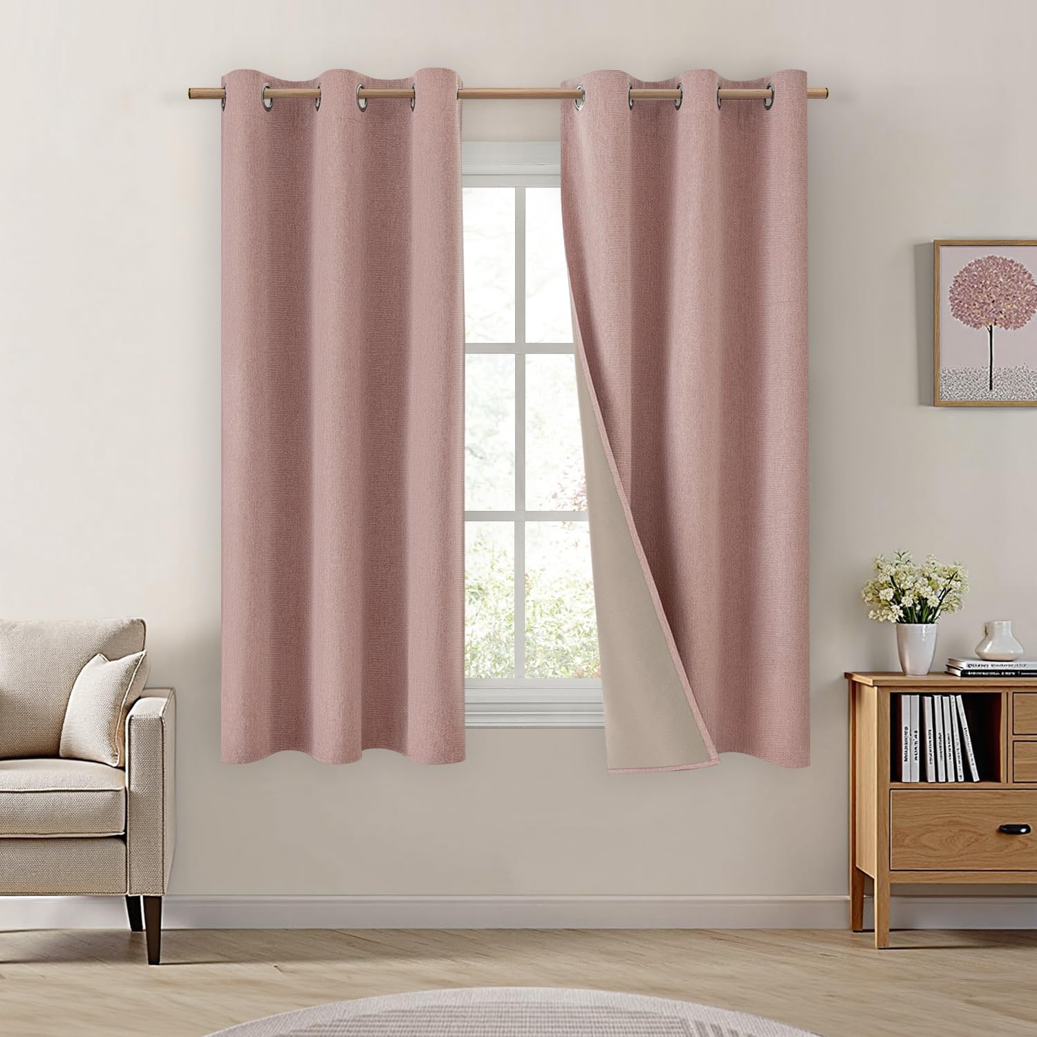 Blush Pink Faux Linen Blackout Grommet Curtains 96in Set of 2
