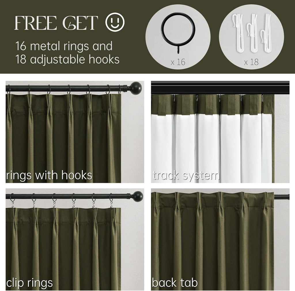Olive Green Pinch Pleated Blackout Linen Curtains 105in Set of 2