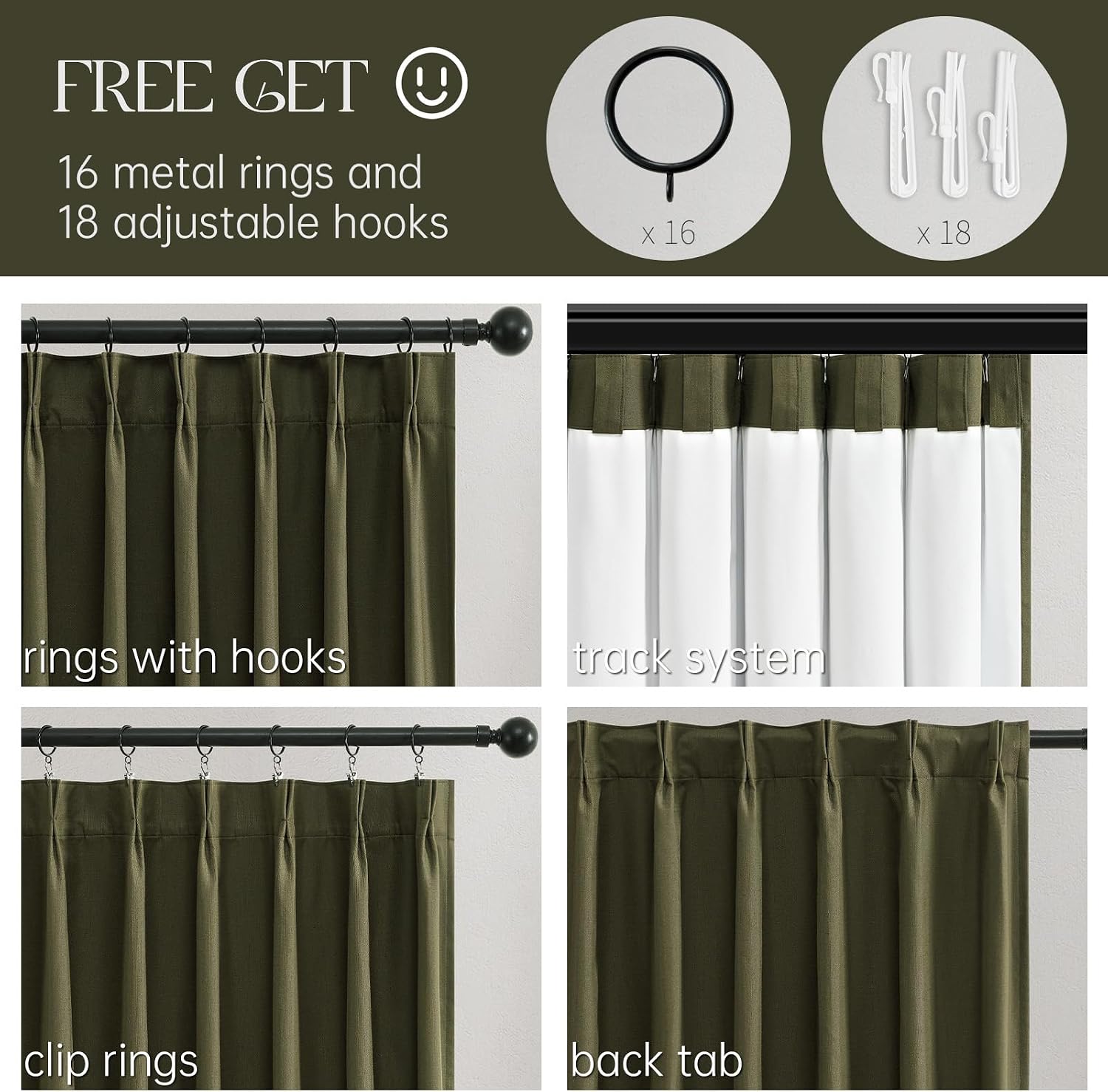 Olive Green Pinch Pleated Blackout Linen Curtains 105in Set of 2
