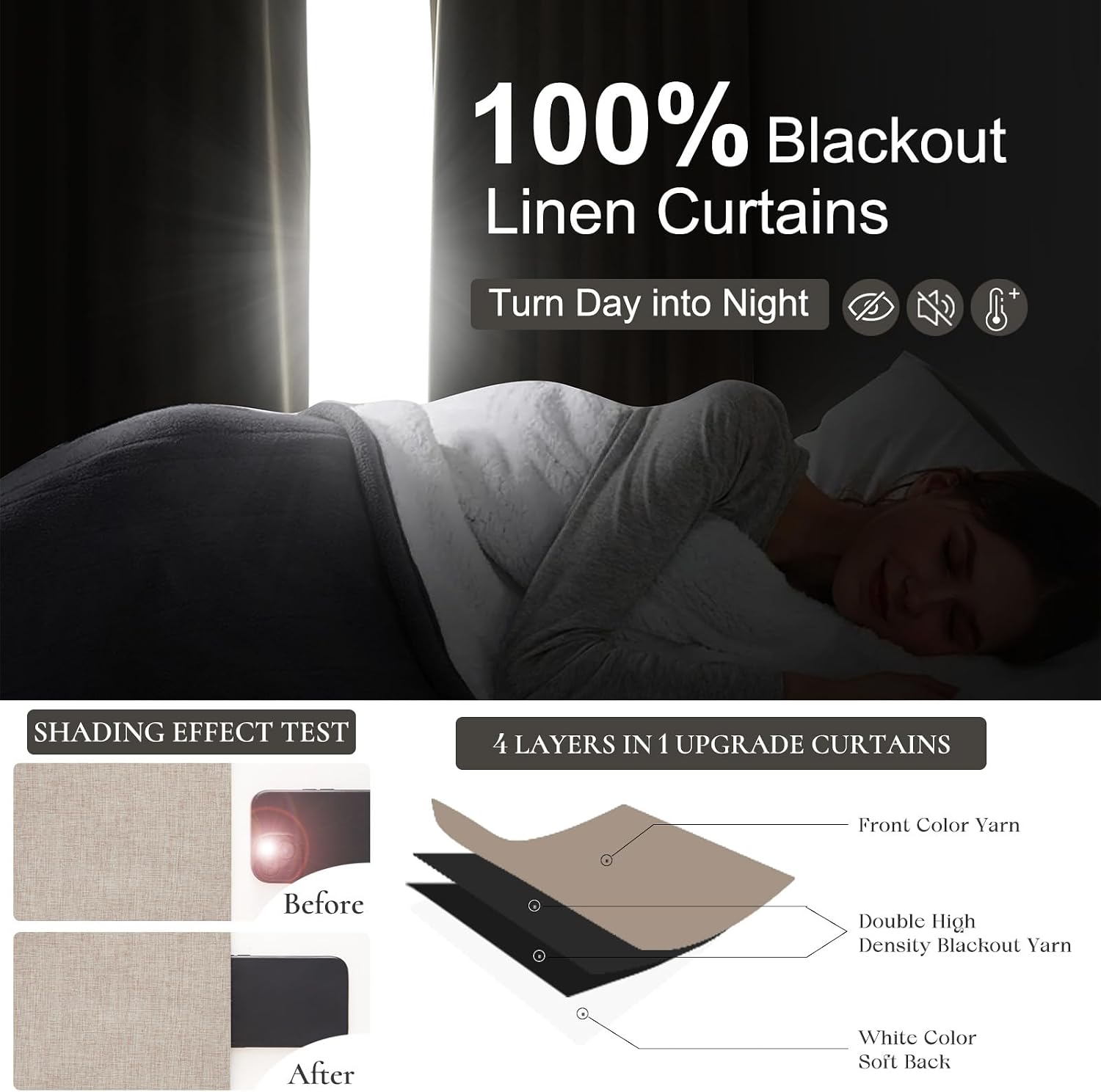 Tan Beige Pinch Pleated Blackout Linen Curtains 40x84 Set of 2