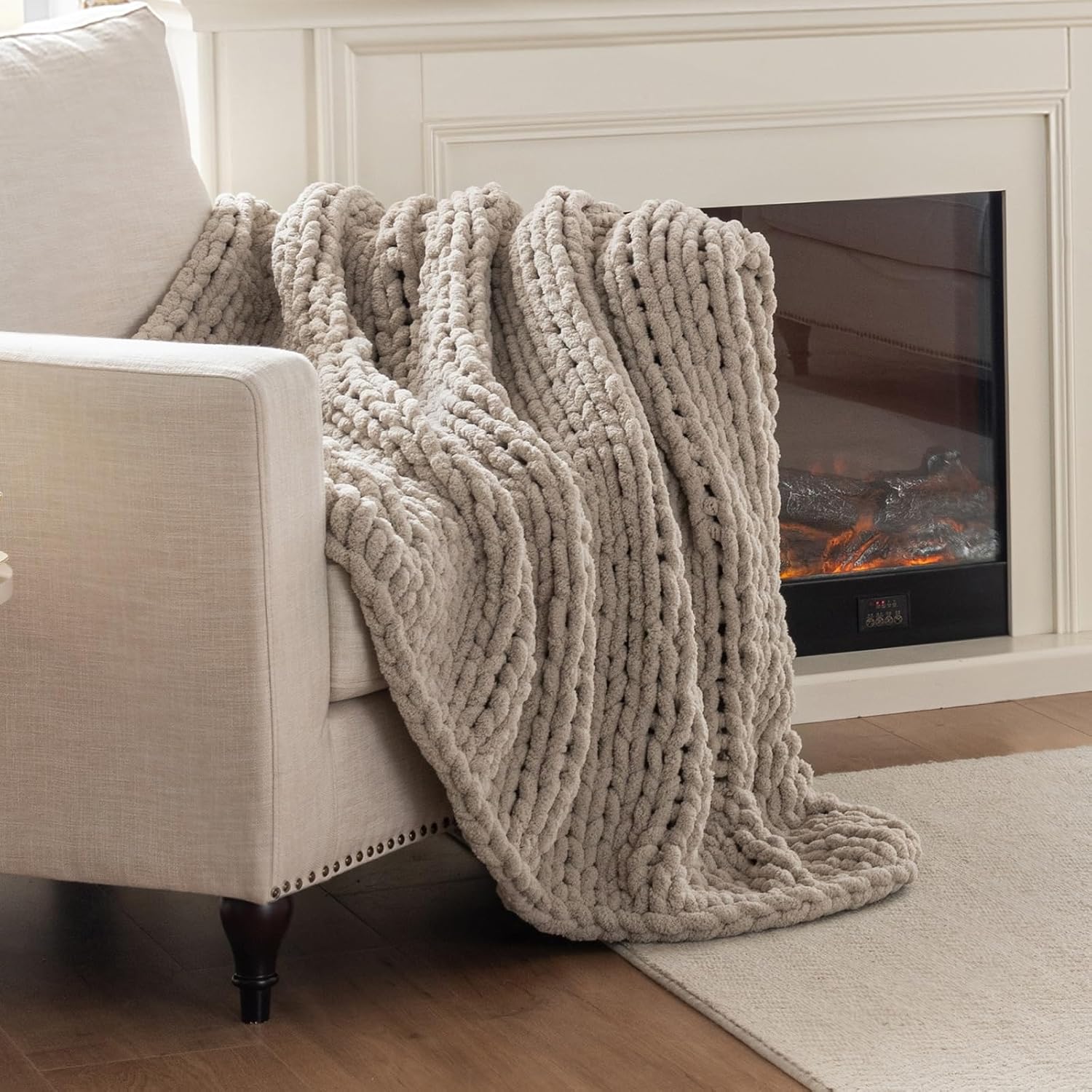 Beige Chenille Cable Knit Throw Blanket 50x60