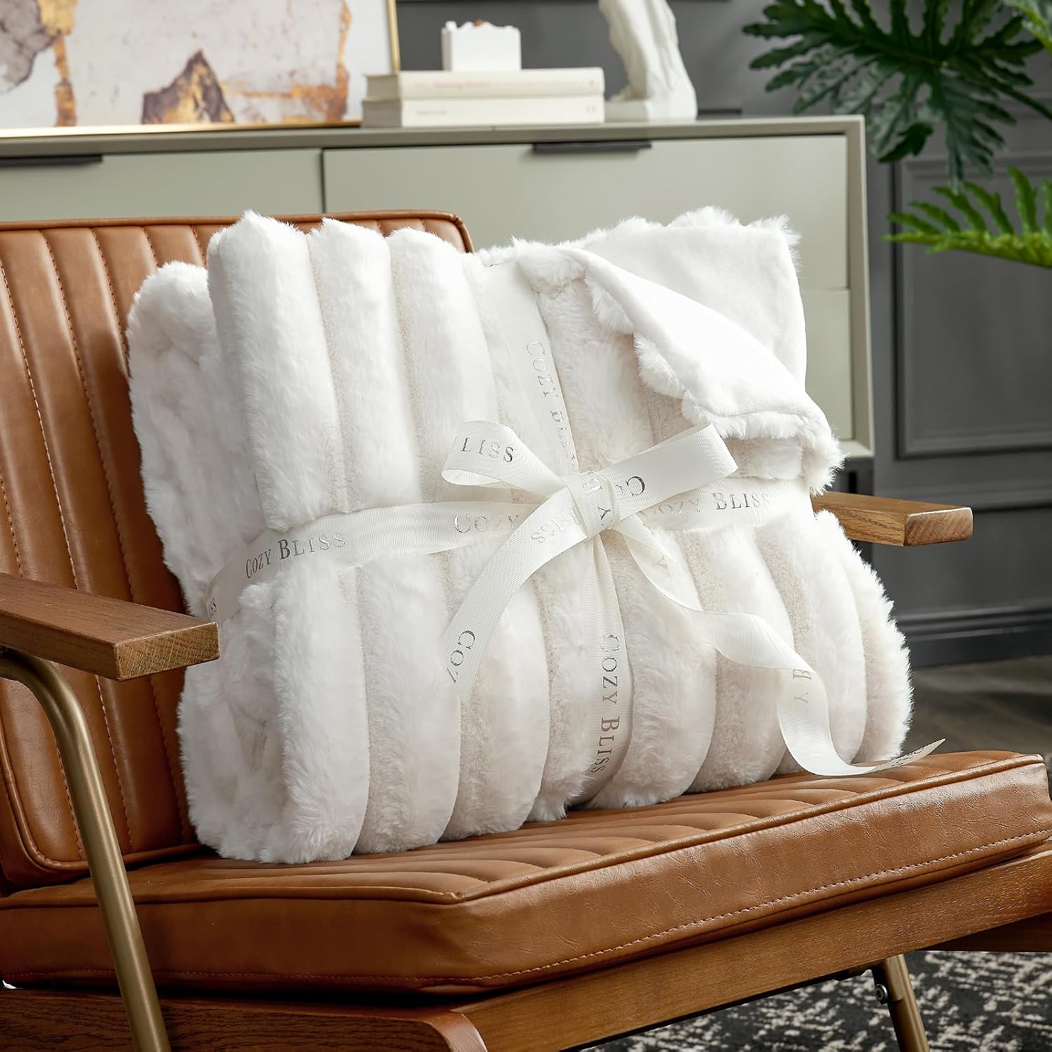 Cream White Striped Faux Fur Throw Blanket 60x80