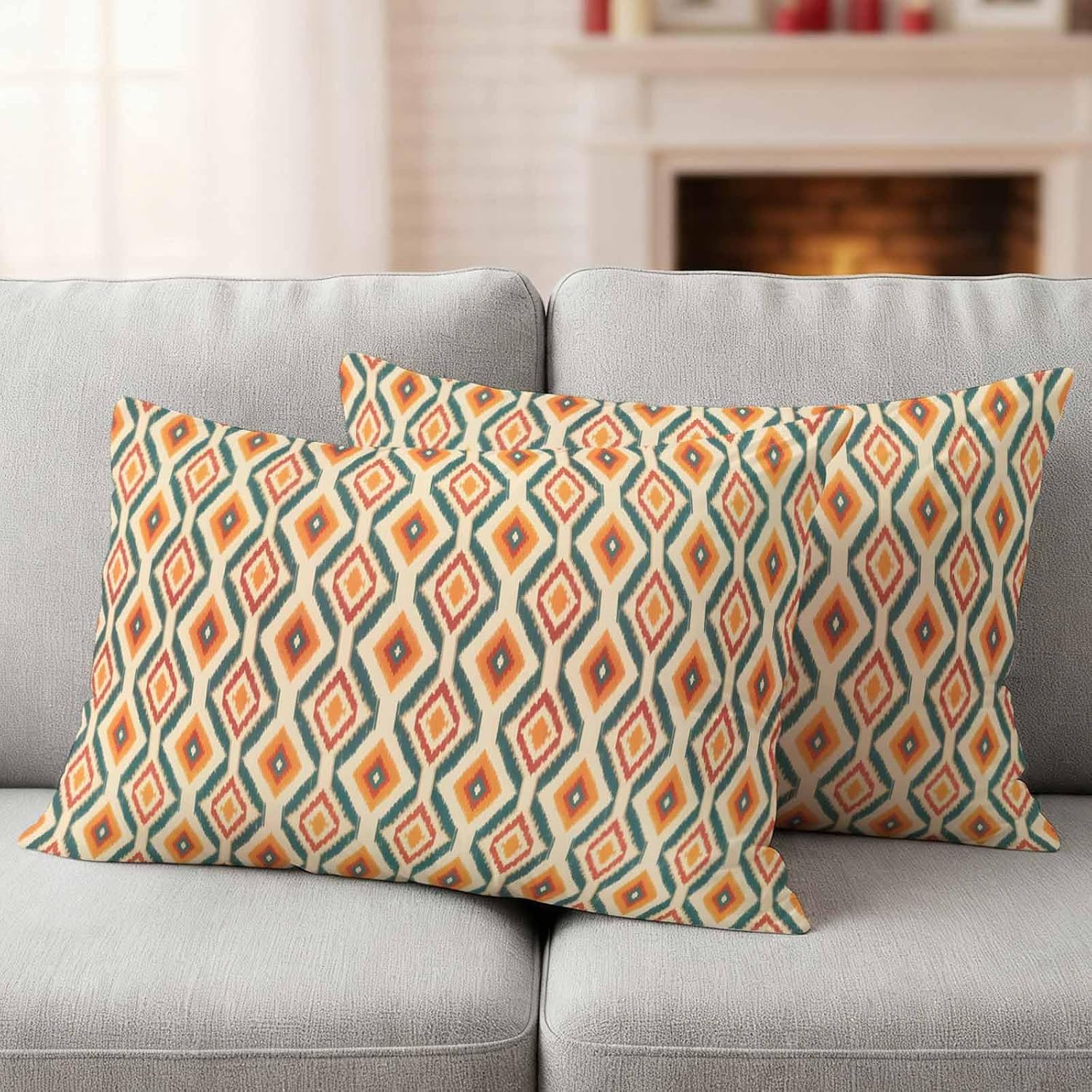 Orange Teal Geometric 2-Pack Waterproof Lumbar Pillow Covers 12x20