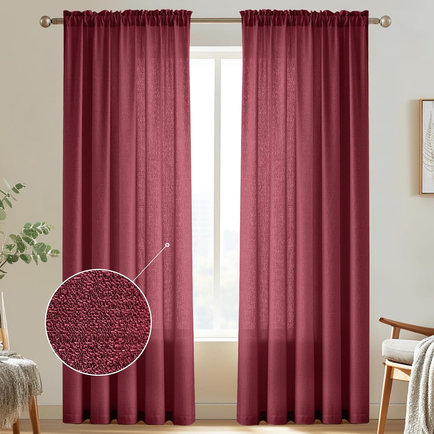 Burgundy Faux Linen Light Filtering Sheer Curtains 52x96 Set of 2