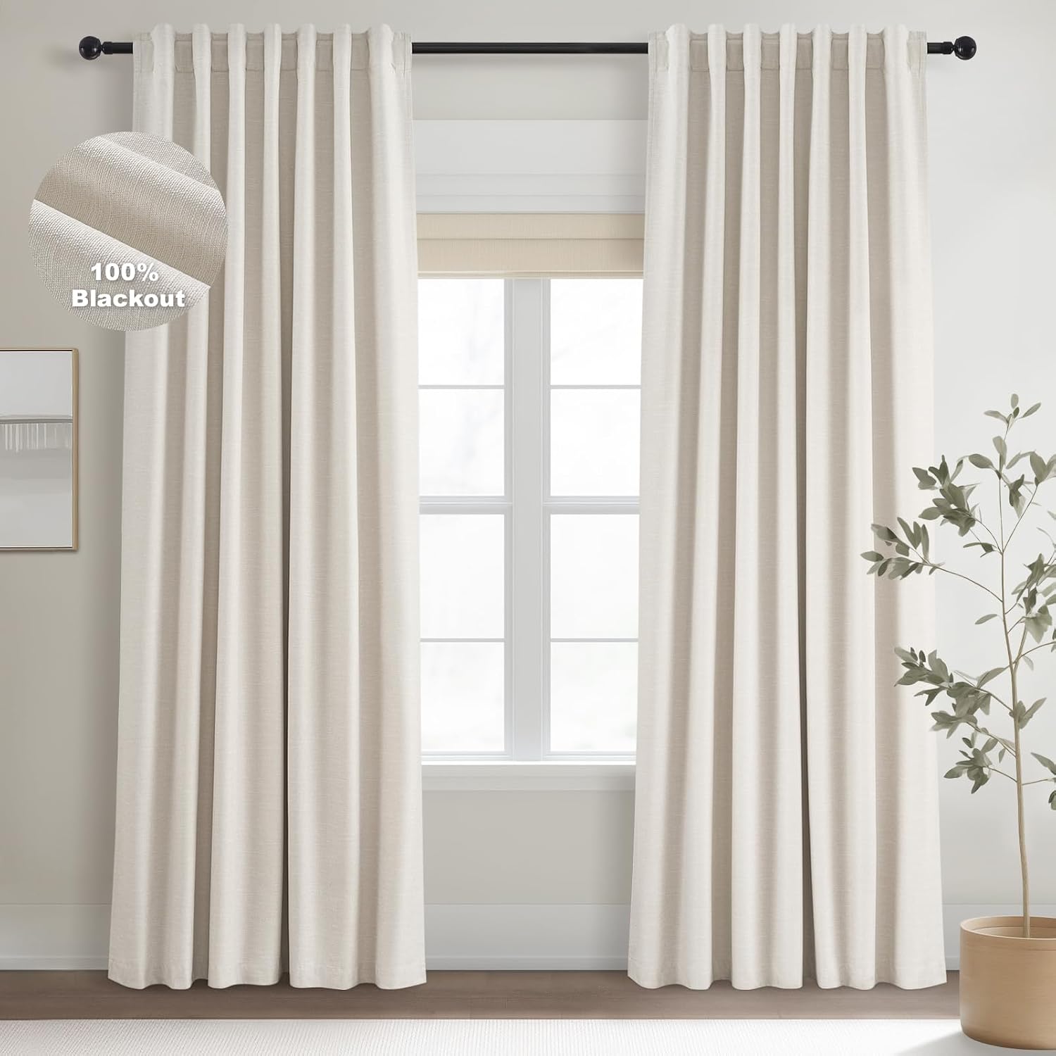 Cream Blackout Linen Curtains 105" 2 Panels