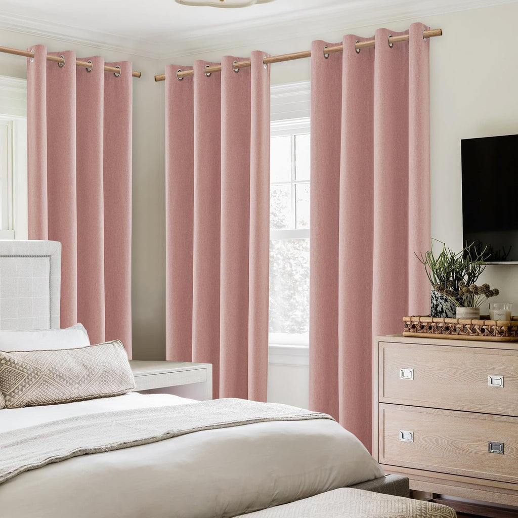 Blush Pink Faux Linen Blackout Grommet Curtains 96in Set of 2