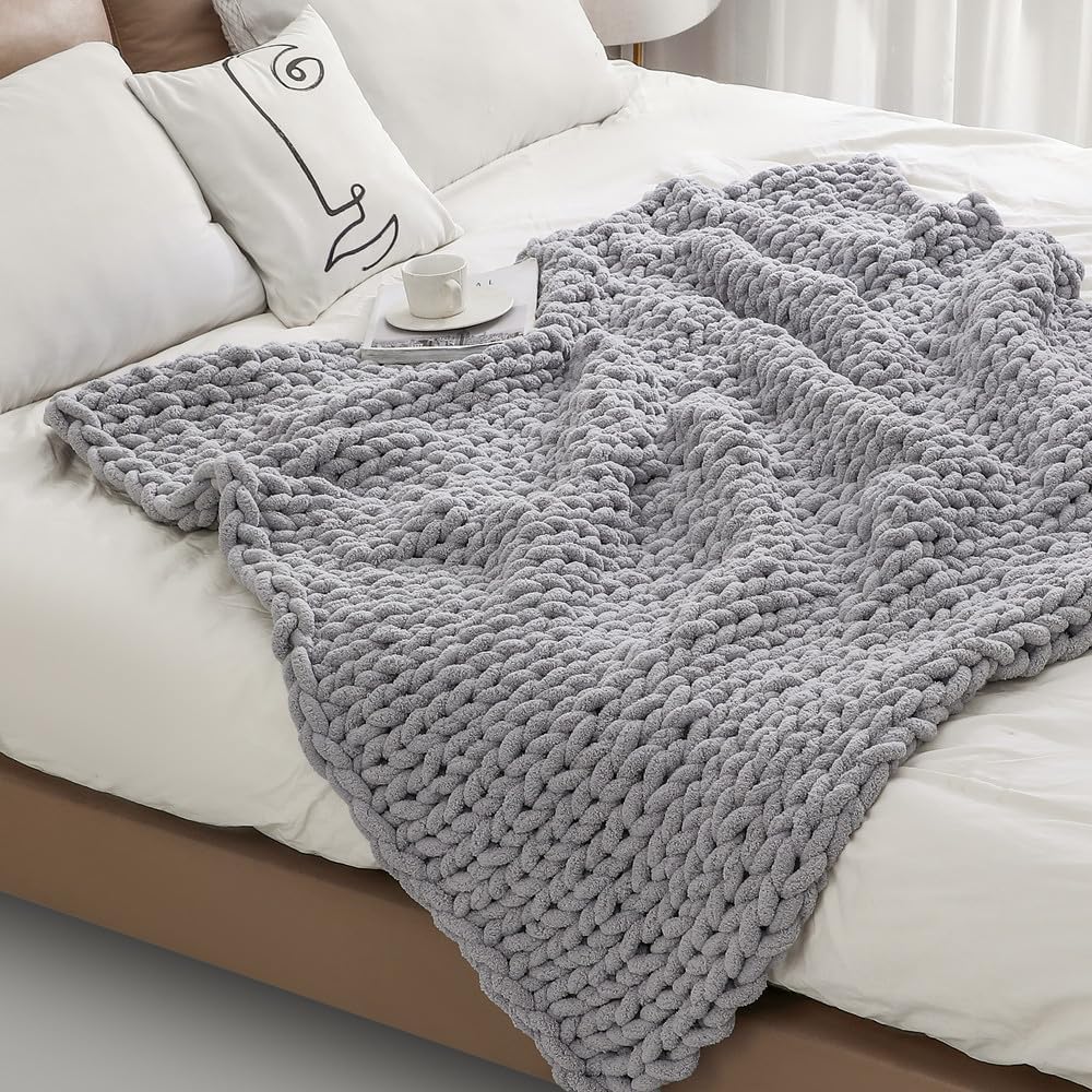 Gray Jumbo Chenille Chunky Knit Throw Blanket 40x40