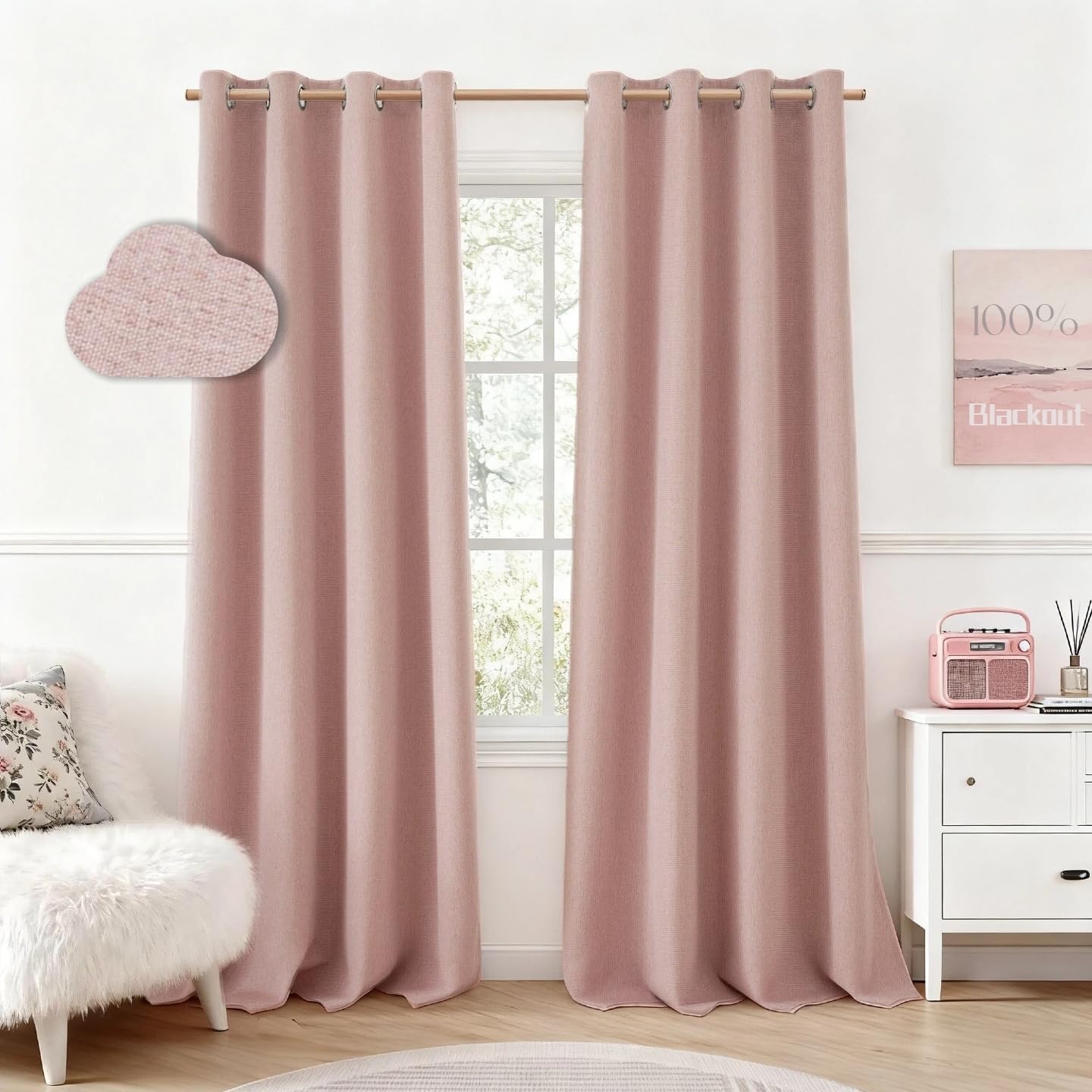 Blush Pink Faux Linen Blackout Grommet Curtains 96in Set of 2