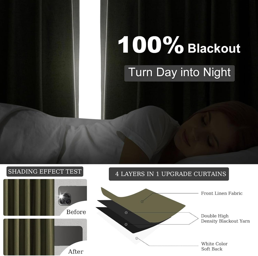Olive Green Pinch Pleated Blackout Linen Curtains 105in Set of 2