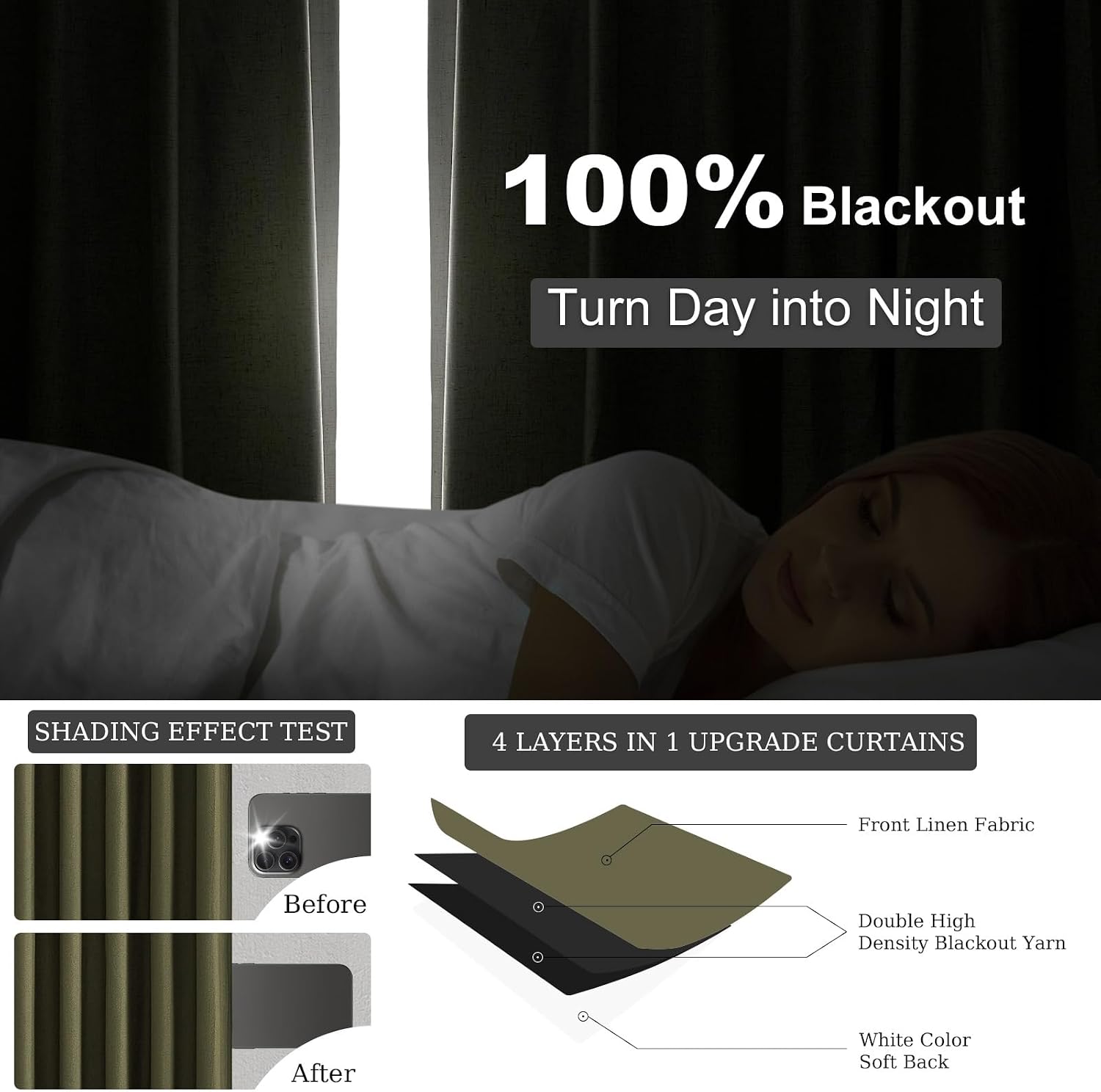 Olive Green Pinch Pleated Blackout Linen Curtains 105in Set of 2