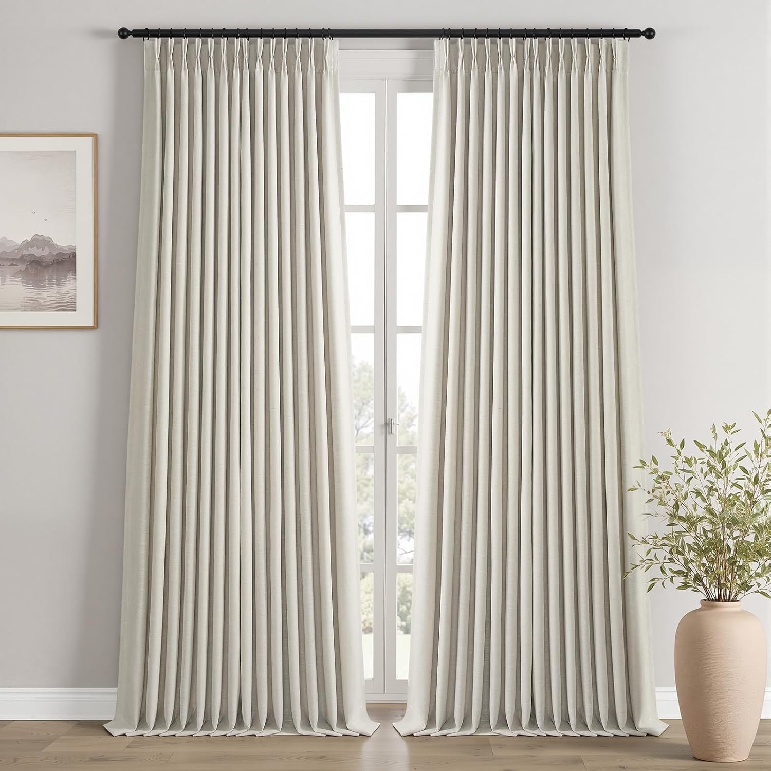 Grey Beige Pinch Pleated Double Layer Blackout Linen Curtains 105in Set of 2