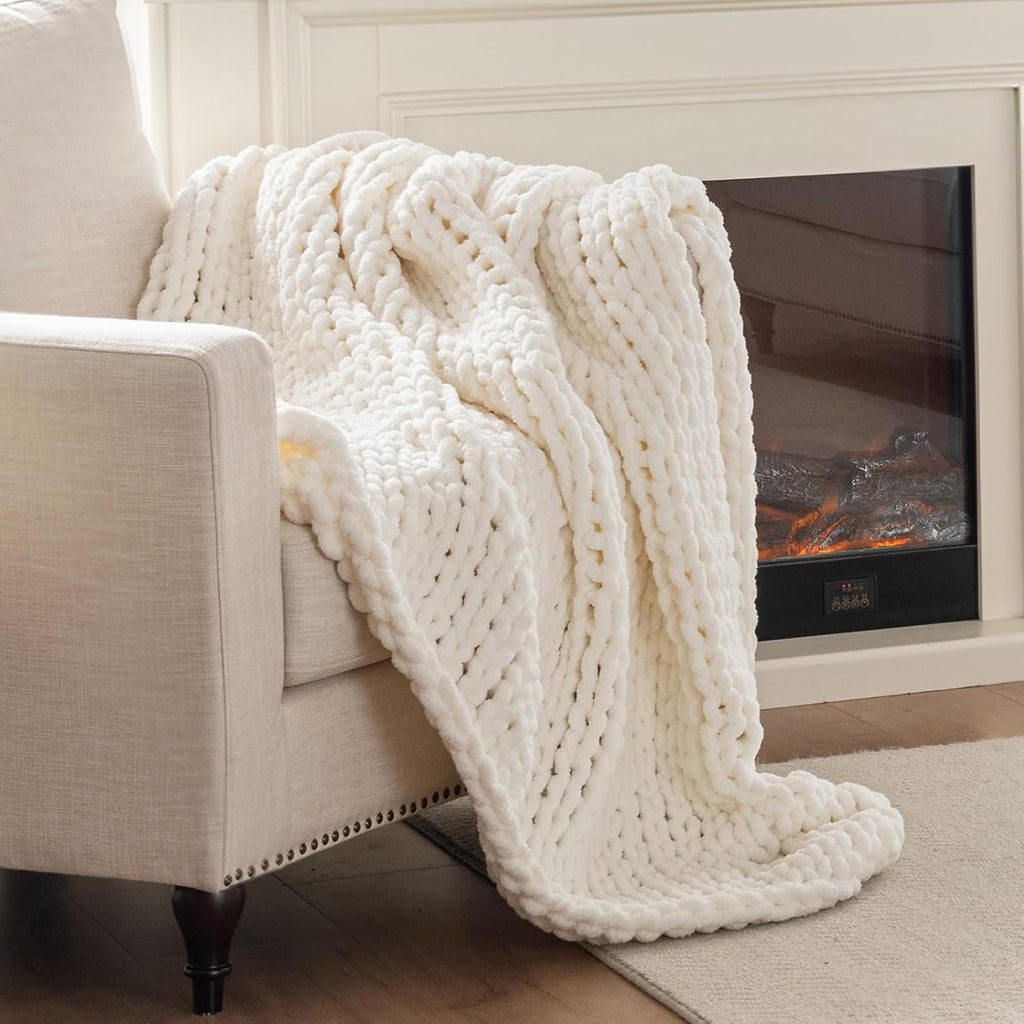 Ivory Handmade Cable Knit Chenille Throw Blanket 50x60