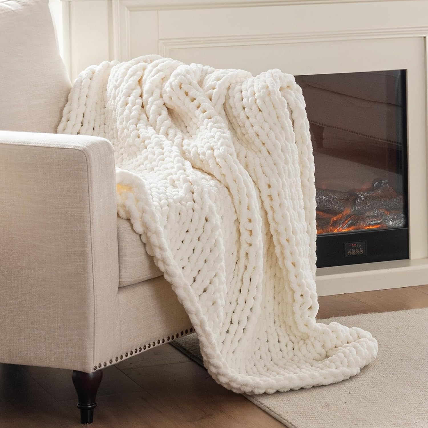 Ivory Handmade Cable Knit Chenille Throw Blanket 50x60