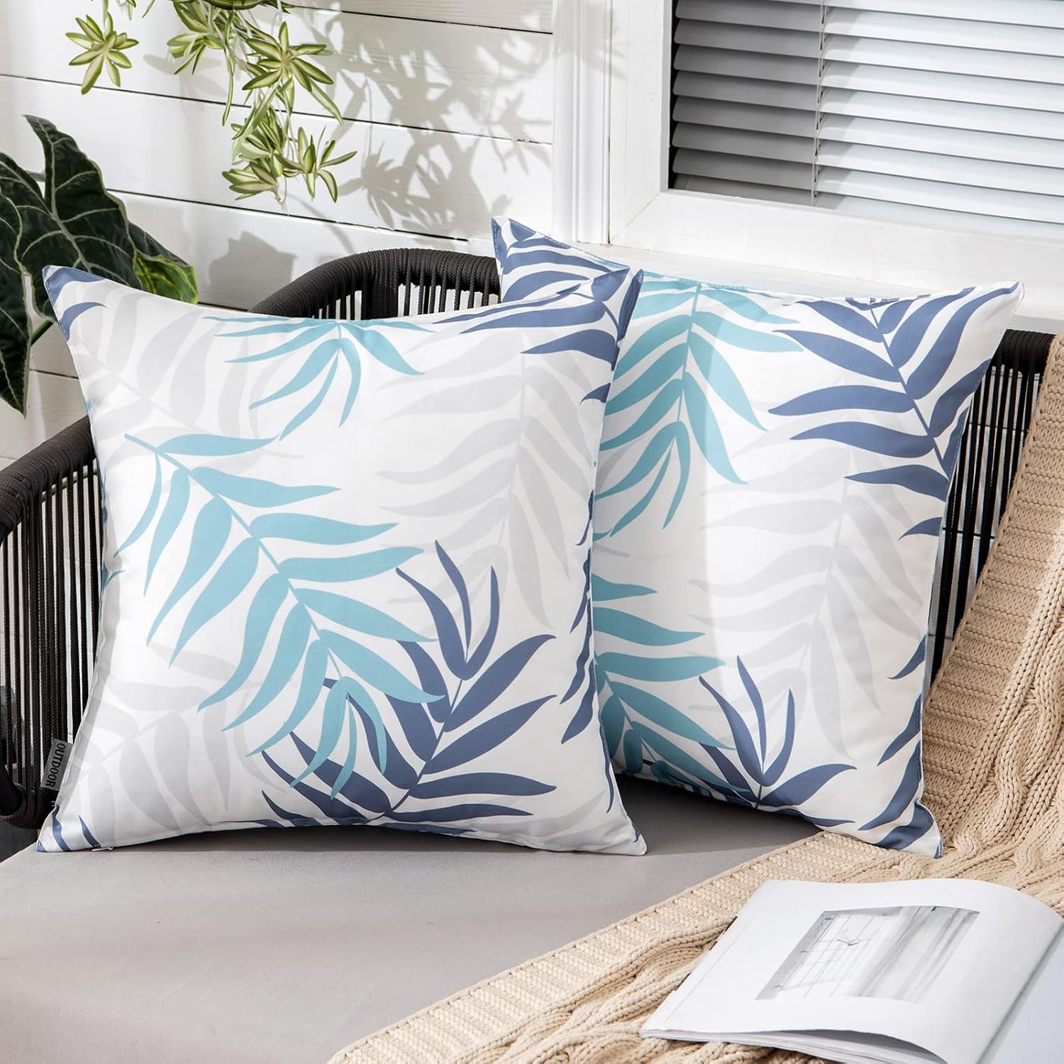 Blue Leaf Pattern 2-Pack Waterproof Outdoor Pillow Covers 18x18