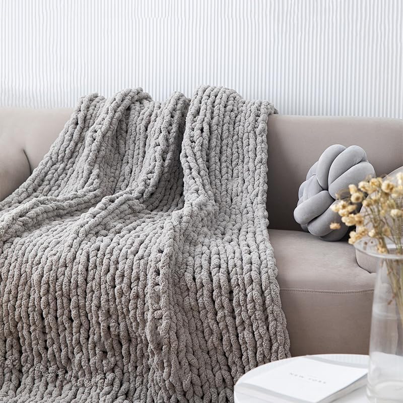 Gray Jumbo Chenille Chunky Knit Throw Blanket 40x40