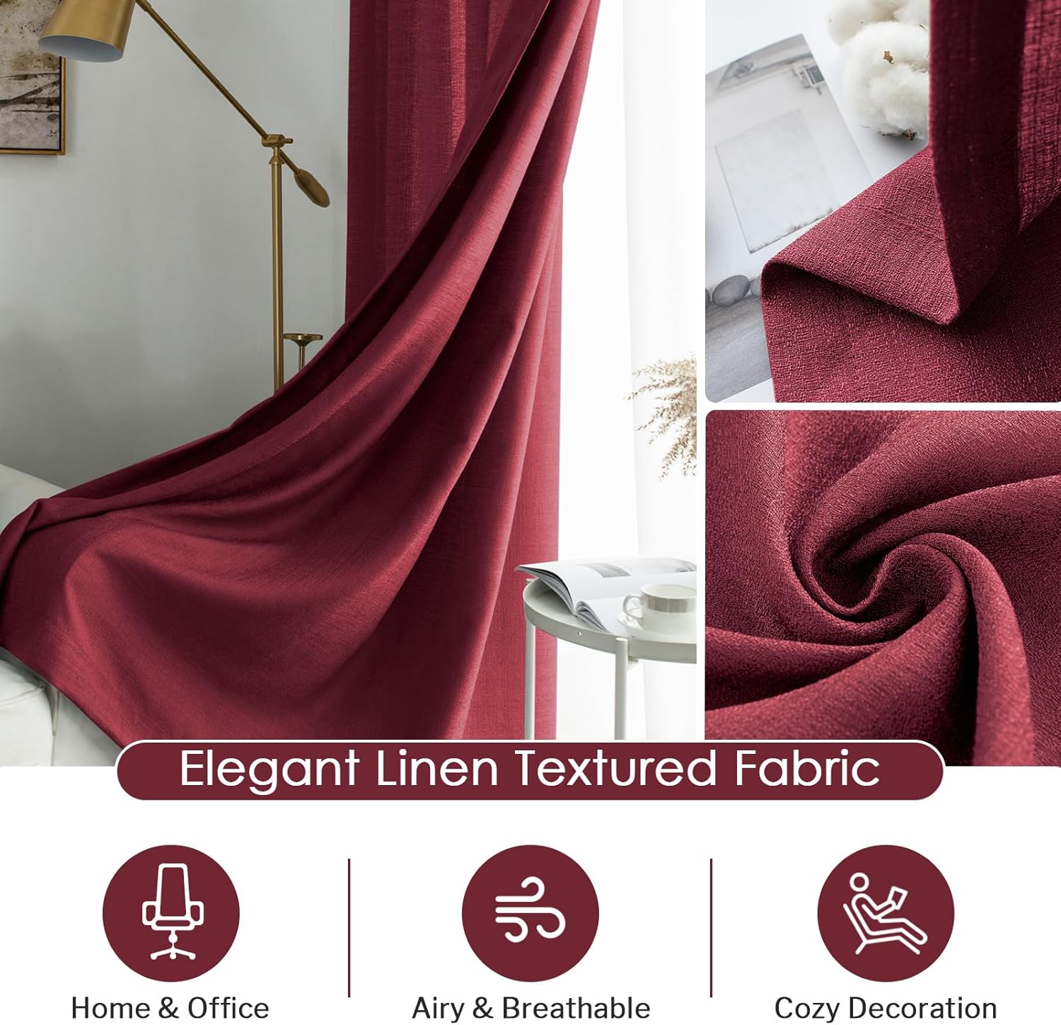 Burgundy Faux Linen Light Filtering Sheer Curtains 52x96 Set of 2