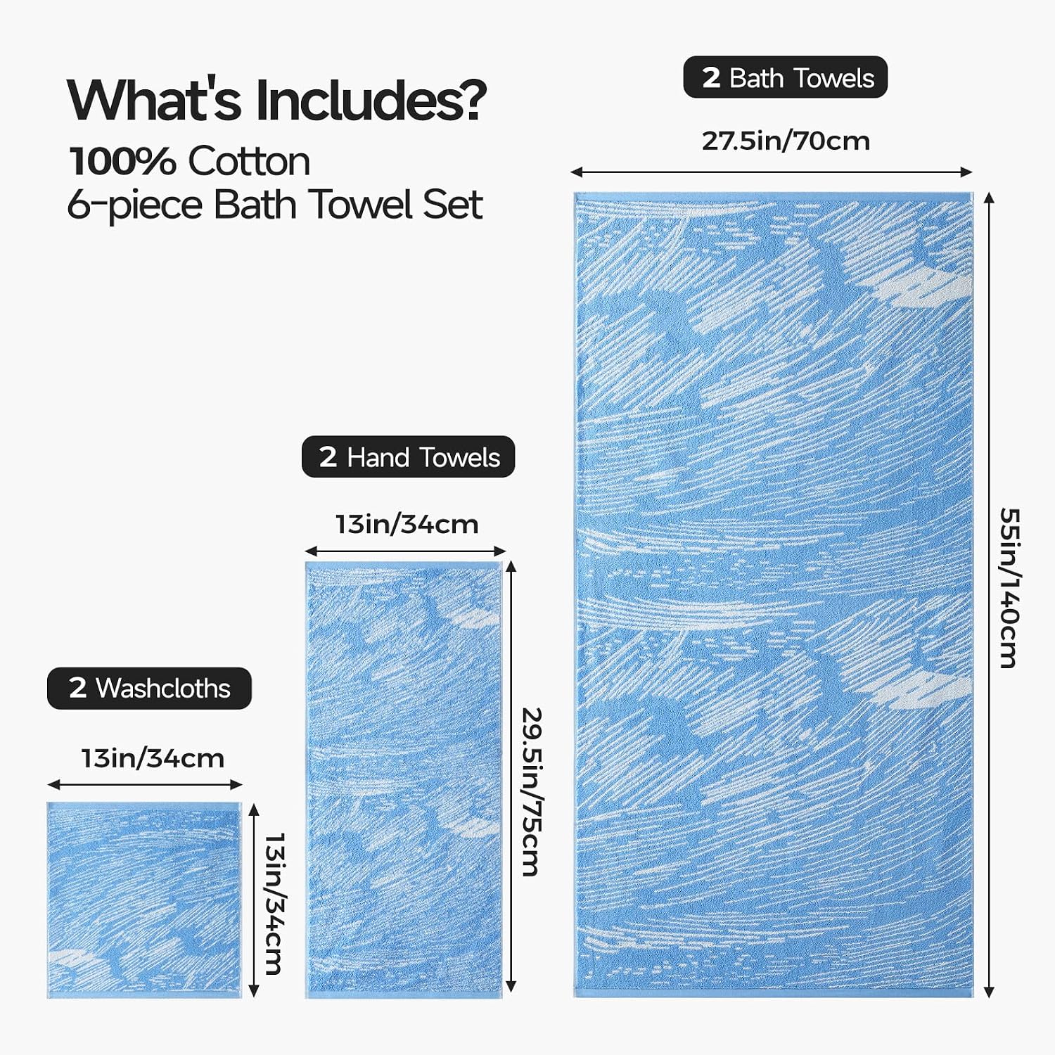 Blue Reversible 6-Piece Cotton Towel Set