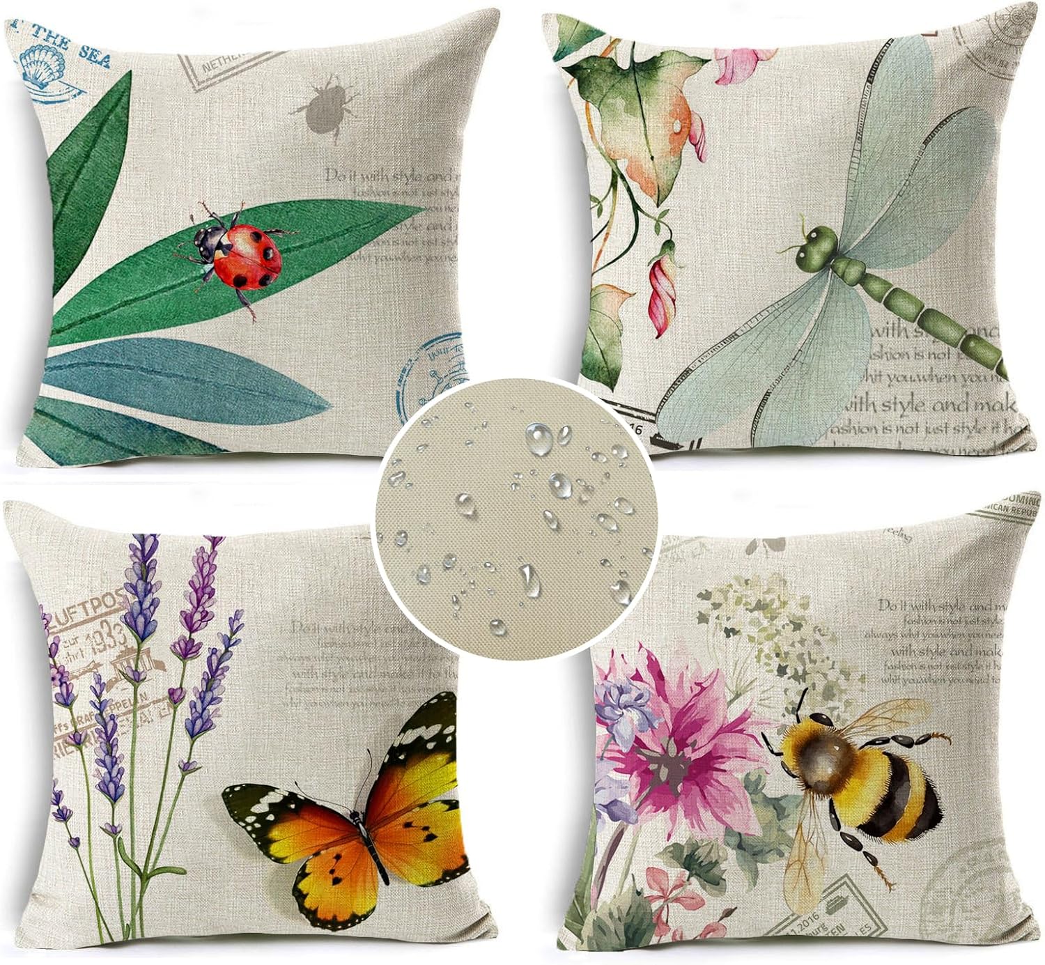 Waterproof Insect Floral 4-Pack Outdoor Pillow Covers 18x18