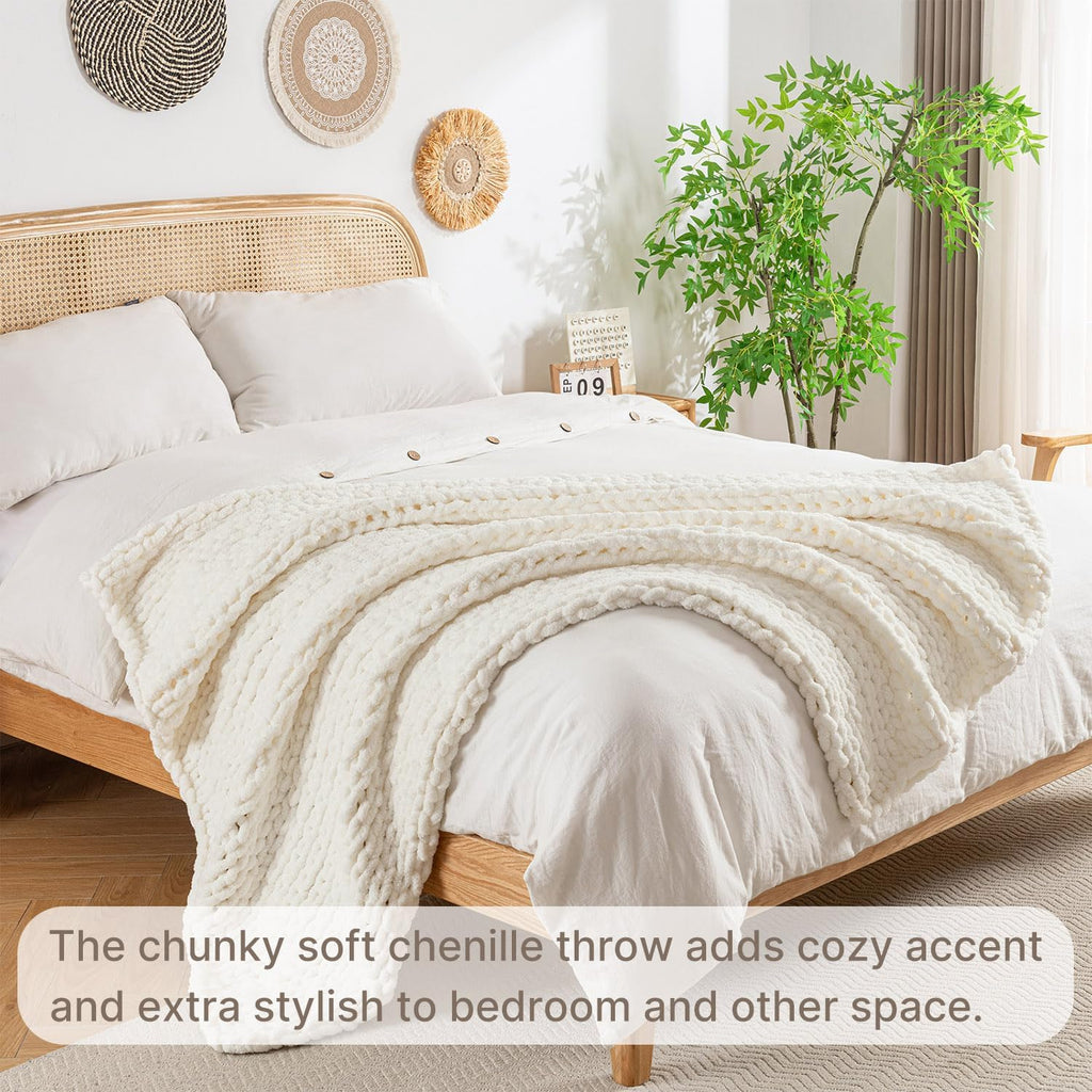 Ivory Handmade Cable Knit Chenille Throw Blanket 50x60