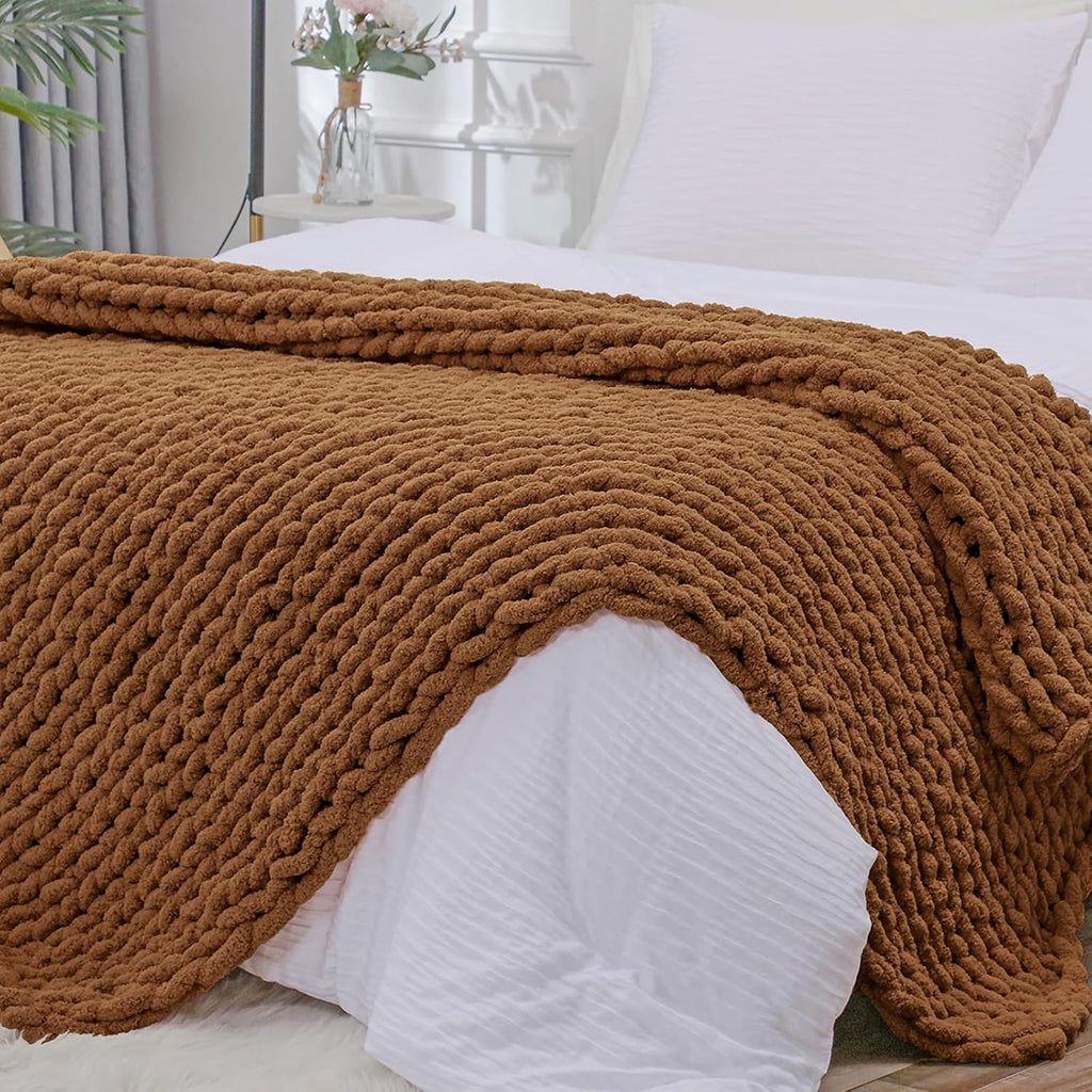 Caramel Jumbo Chenille Chunky Knit Throw Blanket 51x63