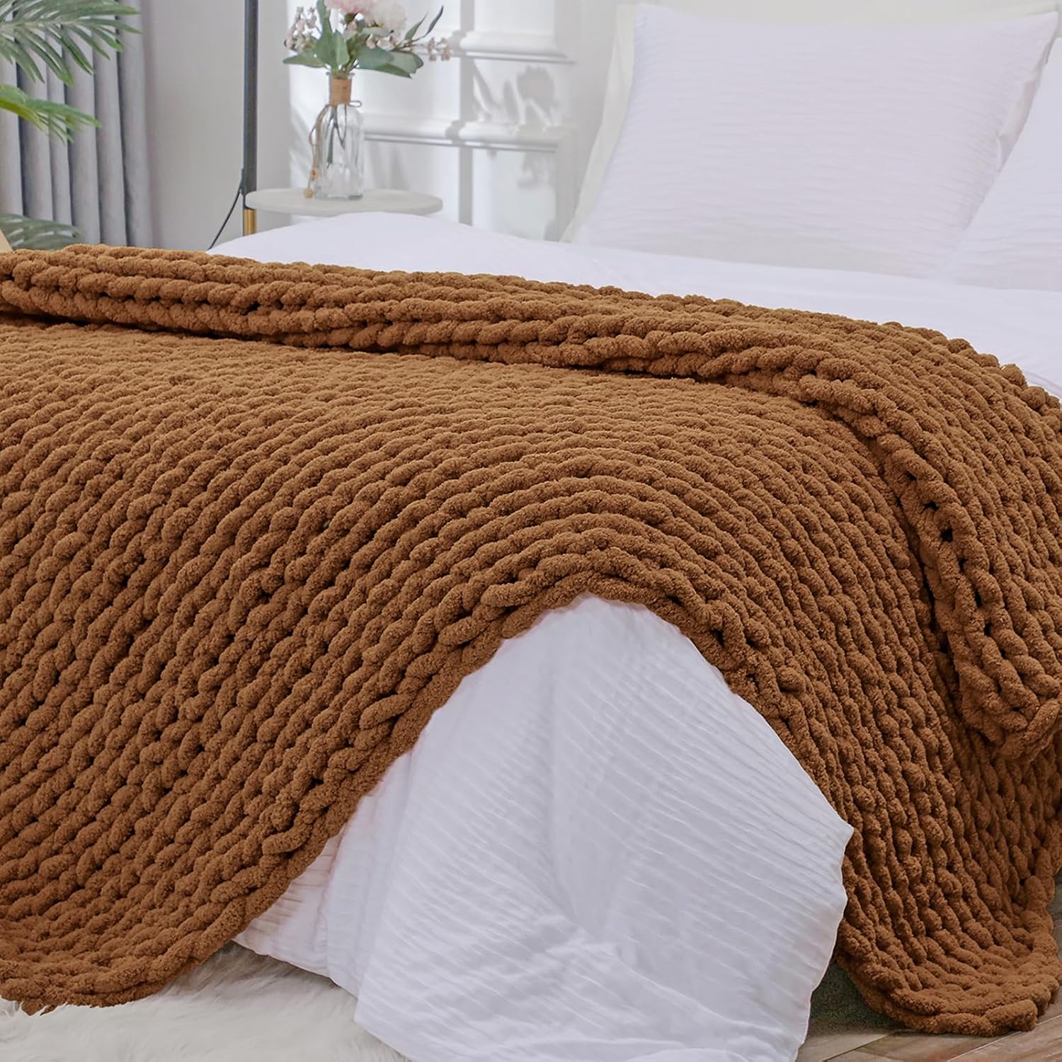 Caramel Jumbo Chenille Chunky Knit Throw Blanket 51x63