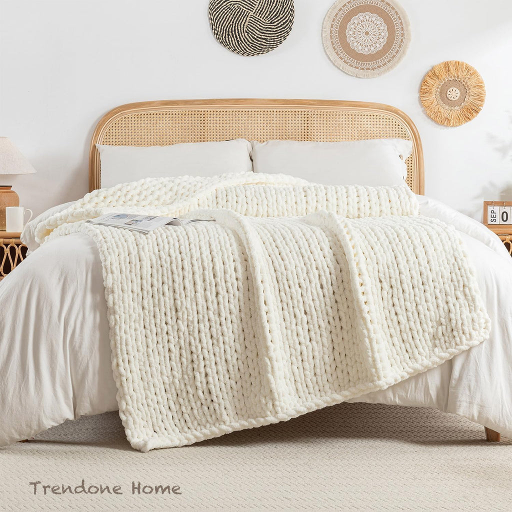 Ivory Handmade Cable Knit Chenille Throw Blanket 50x60