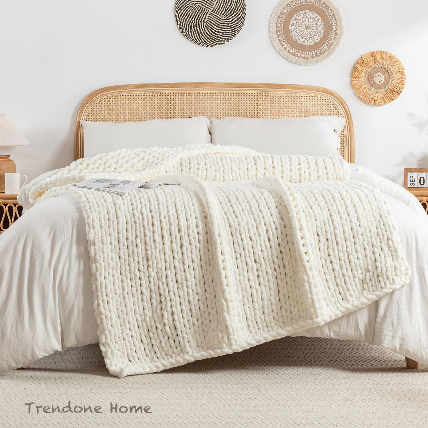 Ivory Handmade Cable Knit Chenille Throw Blanket 50x60