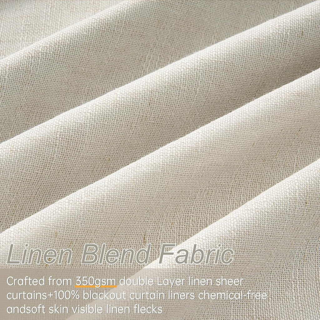 Grey Beige Pinch Pleated Double Layer Blackout Linen Curtains 105in Set of 2