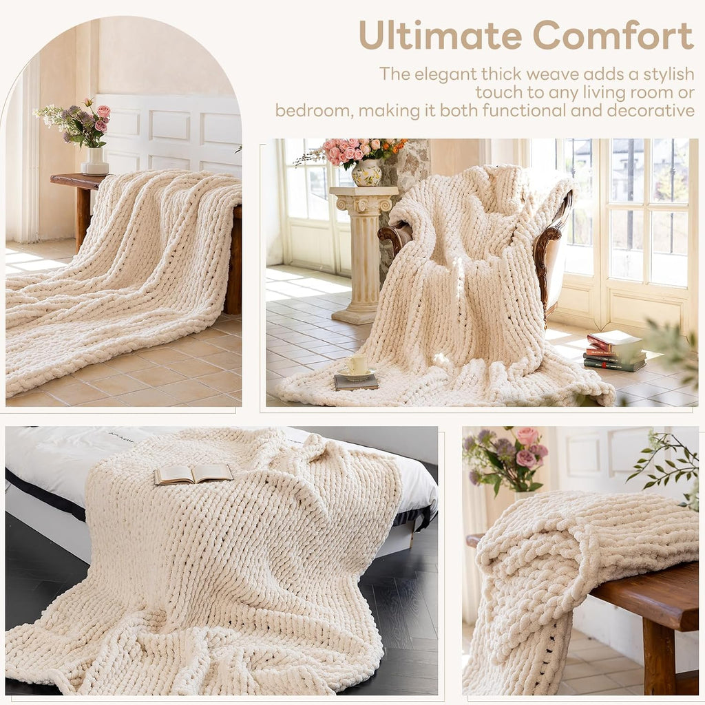 Cream Handmade Chunky Chenille Knit Throw Blanket 60x80