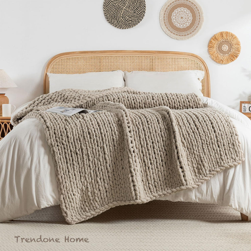 Beige Chenille Cable Knit Throw Blanket 50x60