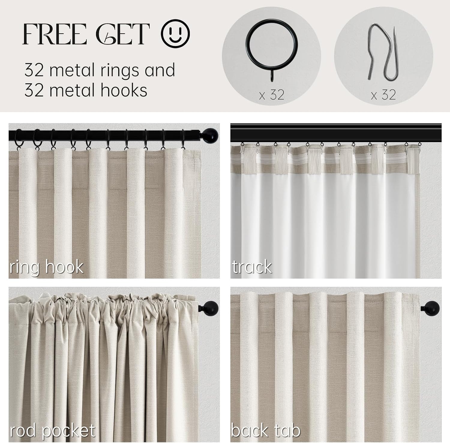 Cream Blackout Linen Curtains 105" 2 Panels