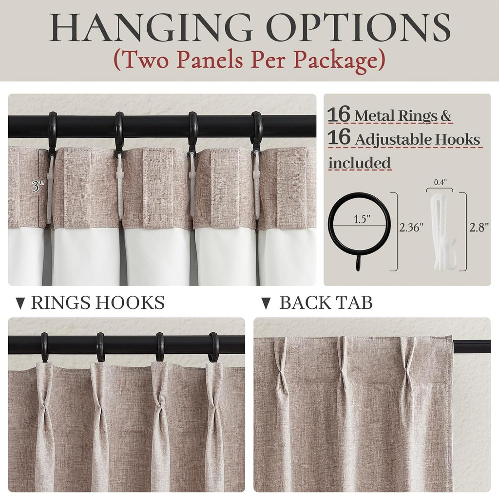 Tan Beige Pinch Pleated Blackout Linen Curtains 40x84 Set of 2