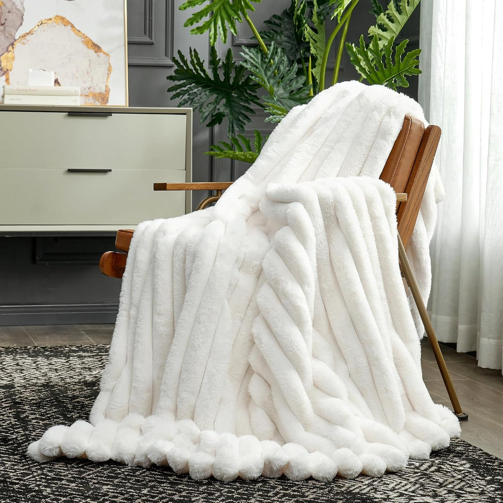 Cream White Striped Faux Fur Throw Blanket 60x80