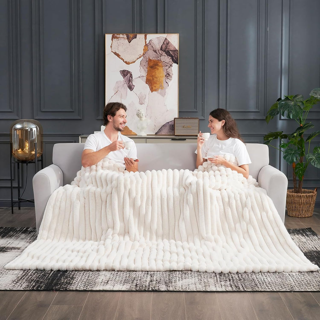 Cream White Striped Faux Fur Throw Blanket 60x80