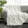 Cream White Striped Faux Fur Throw Blanket 60x80