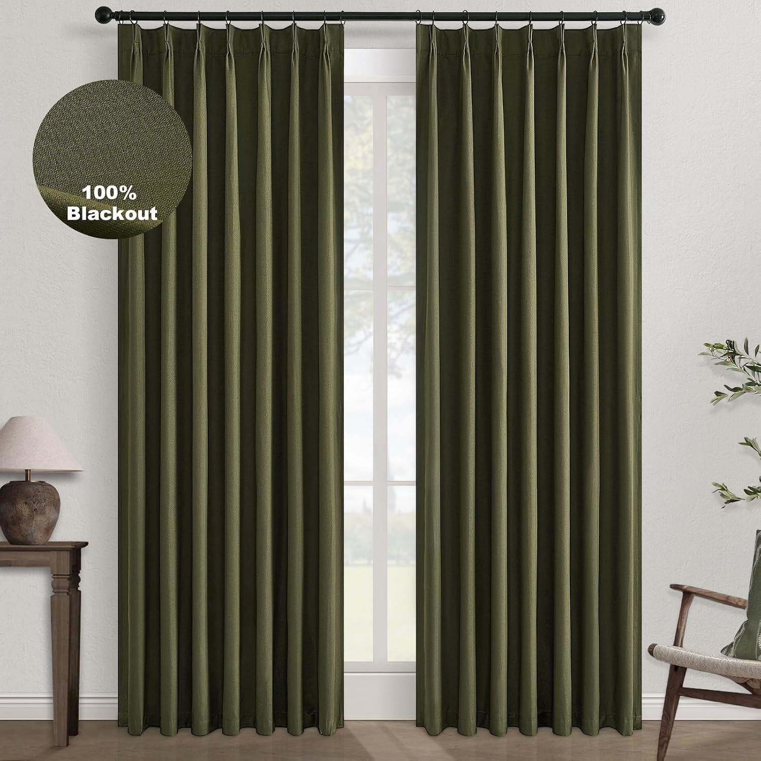 Olive Green Pinch Pleated Blackout Linen Curtains 105in Set of 2