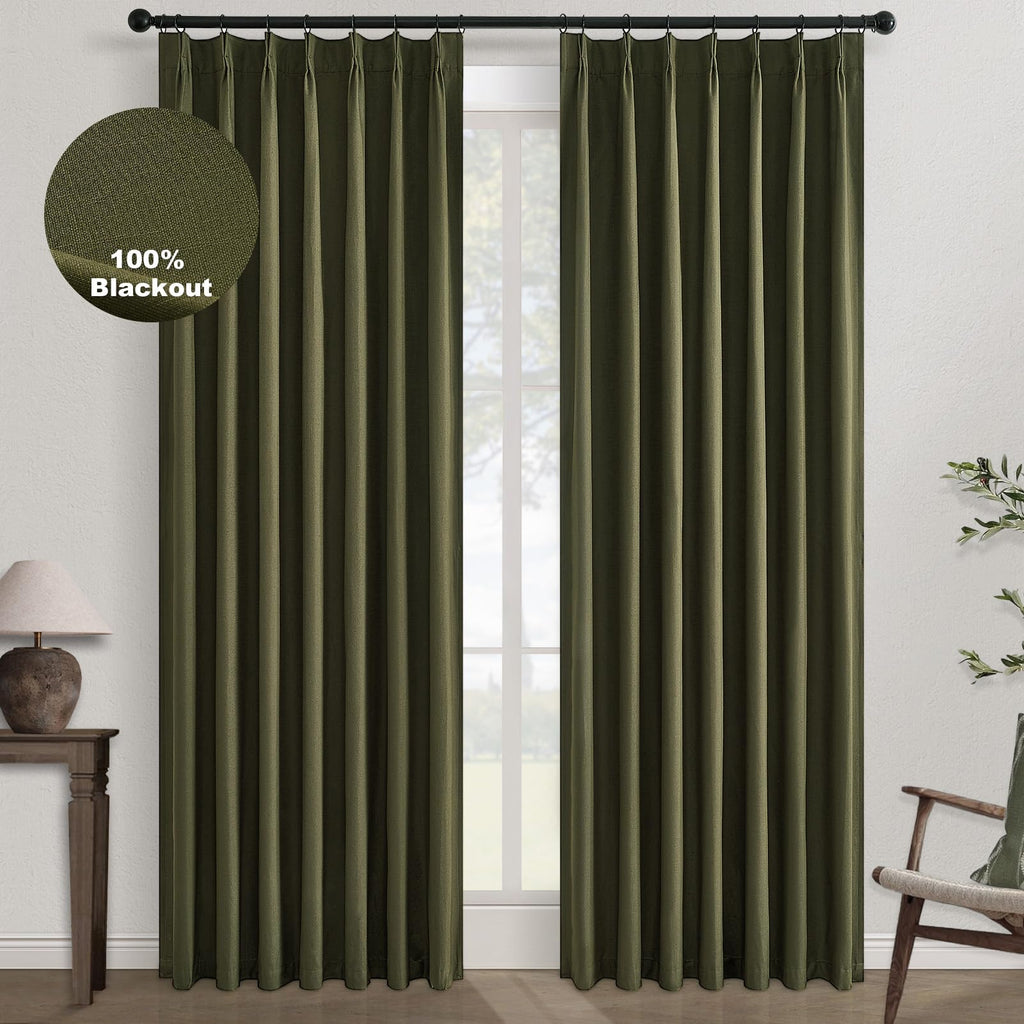 Olive Green Pinch Pleated Blackout Linen Curtains 105in Set of 2