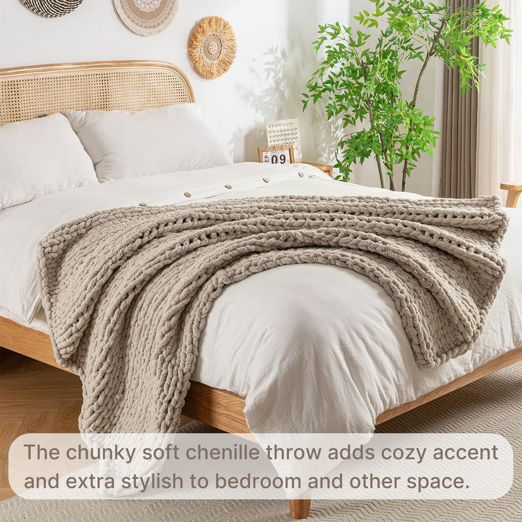 Beige Chenille Cable Knit Throw Blanket 50x60