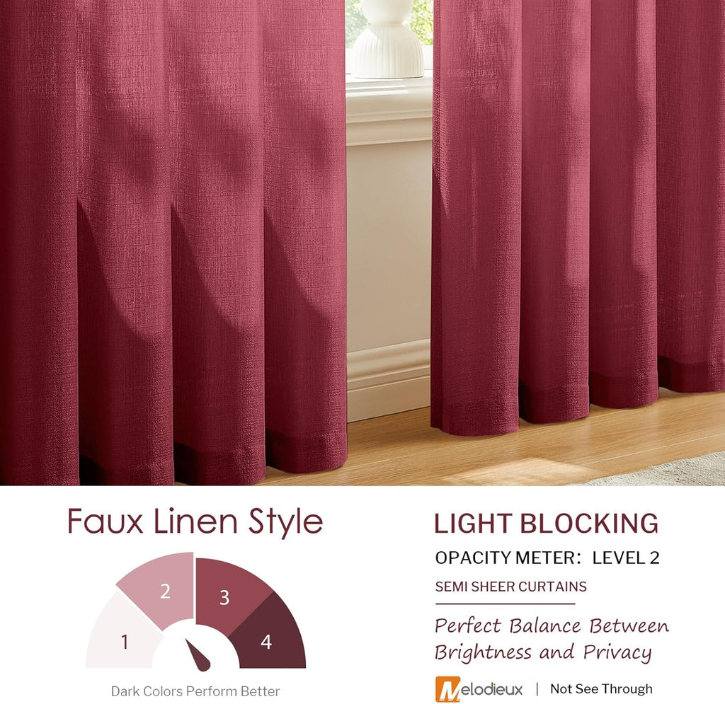 Burgundy Faux Linen Light Filtering Sheer Curtains 52x96 Set of 2