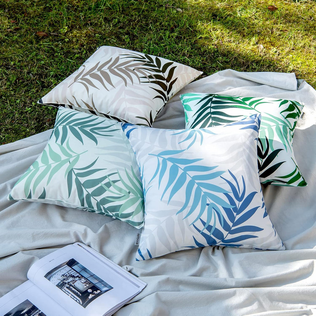 Blue Leaf Pattern 2-Pack Waterproof Outdoor Pillow Covers 18x18