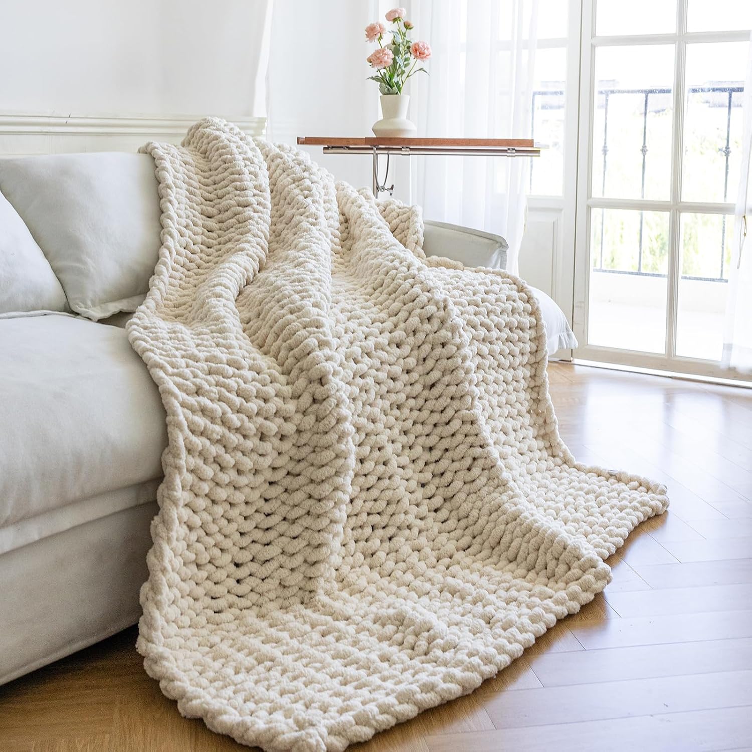Cream Handmade Chunky Chenille Knit Throw Blanket 60x80