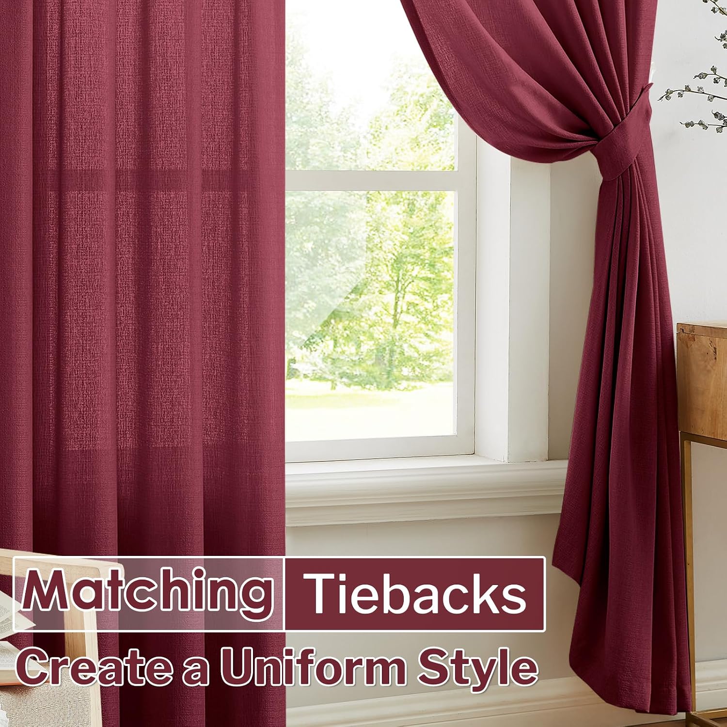 Burgundy Faux Linen Light Filtering Sheer Curtains 52x96 Set of 2