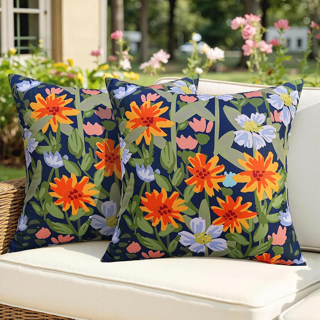 Navy Floral 2-Pack Waterproof Outdoor Pillow Covers 18x18