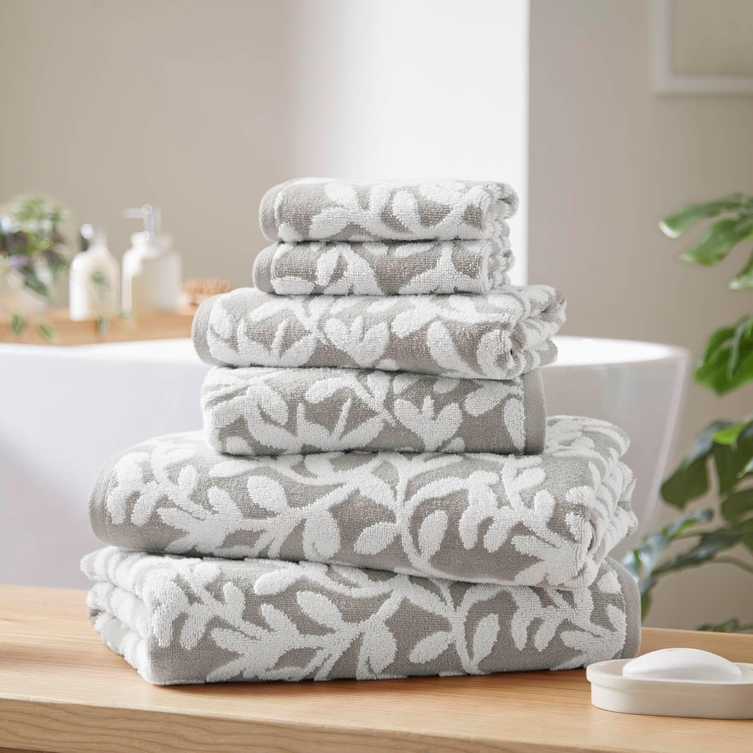 Grey Floral 6-Piece Cotton Towel Set