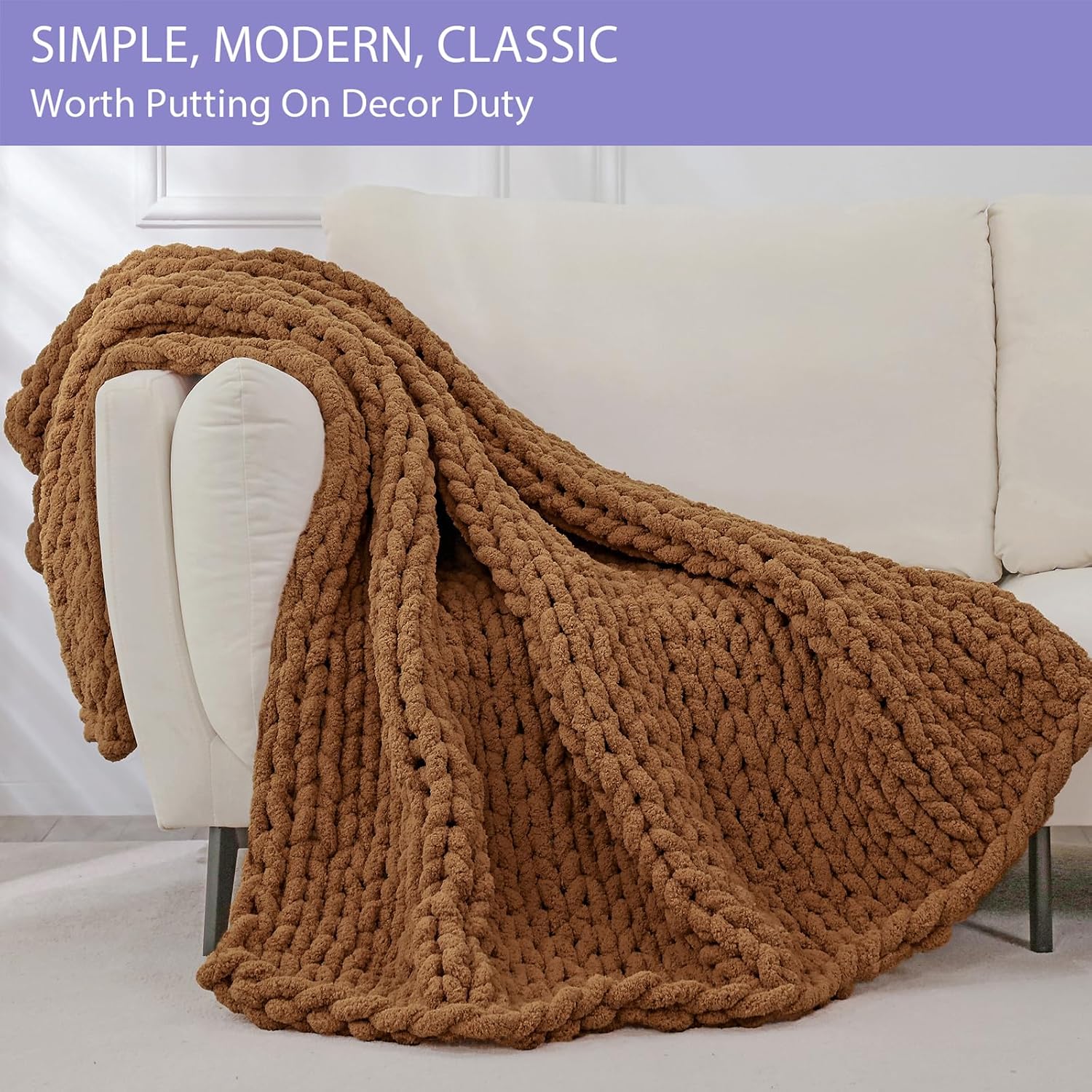 Caramel Jumbo Chenille Chunky Knit Throw Blanket 51x63